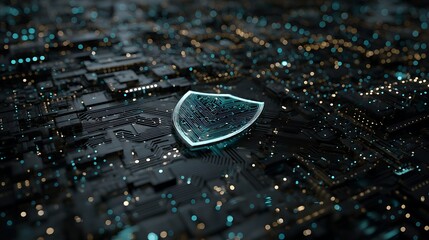 A shield symbolizing cybersecurity sits atop a complex circuit board, highlighting the importance of digital security in modern technology.