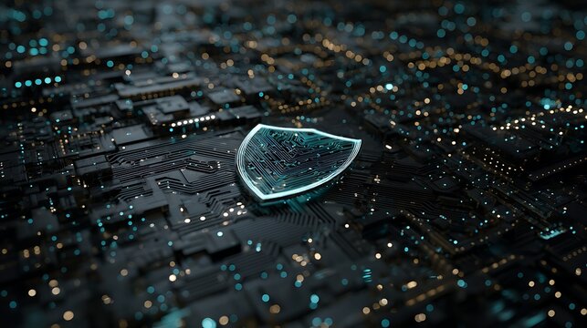 A shield symbolizing cybersecurity sits atop a complex circuit board, highlighting the importance of digital security in modern technology.