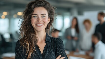 friendly businesswoman in a modern office space smiling confidently with coworkers working in the background on a bright day showcasing teamwork and professionalism