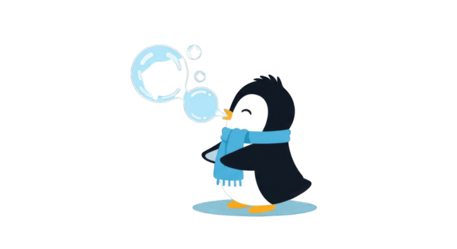 Cute cartoon penguin wearing a scarf blowing bubbles.