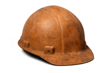 Worn orange hard hat showing signs of use, symbolizing safety and a blue-collar work ethic on a transparent background