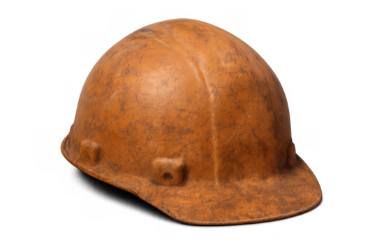 Worn orange hard hat showing signs of use, symbolizing safety and a blue-collar work ethic on a transparent background