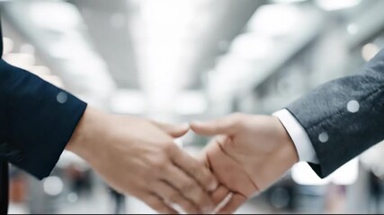 A close-up of two individuals in business suits shaking hands The focus is on their clasped hands against a brightly lit blurred background with bokeh effects