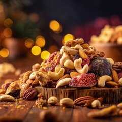 Assorted Nuts And Dried Fruits On Wooden Board