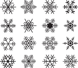 Collection of unique snowflake designs in black and white for winter holidays