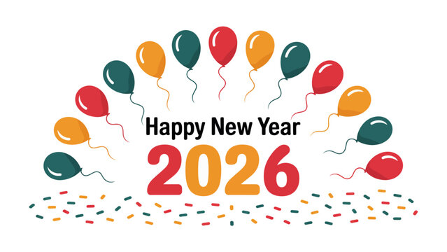 New Year's Celebration: Colorful balloons arch over the message Happy New Year 2026, symbolizing new beginnings and joyous festivities.