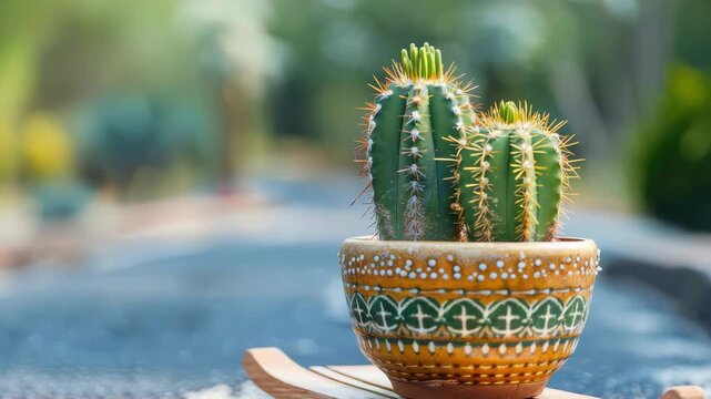 Two small cacti in decorative pot on wooden tray outdoors