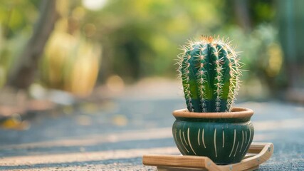 Small cactus in decorative pot placed on wooden tray, outdoors