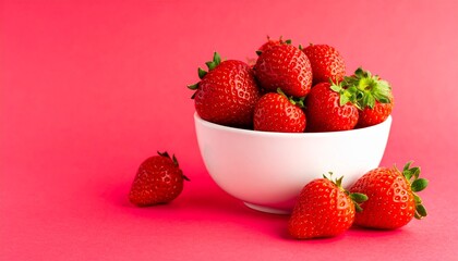 Fresh ripe strawberries in a white bowl on a bright clean background, captured in a vibrant studio close-up.