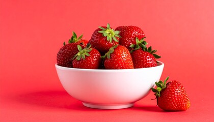 Fresh ripe strawberries in a white bowl on a bright clean background, captured in a vibrant studio close-up.