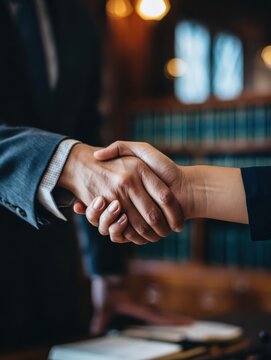 handshake after good cooperation greeting having meeting with team at law firm consultation between a female lawyer and businesswoman customer tax and the company of real estate concept no logos no b
