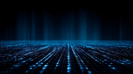 A futuristic, digital grid with blue lights and lines, set against a dark background.