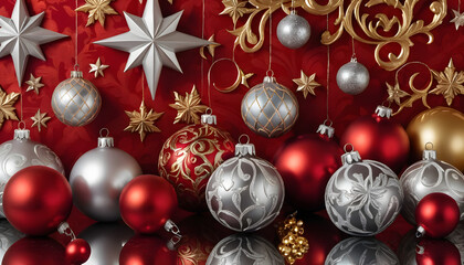 Bright red and gold Christmas ball ornaments for the holiday season celebration