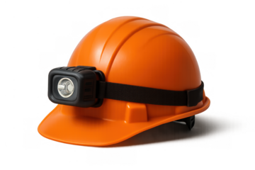 Orange safety hard hat with headlamp, providing essential protection for industrial workers, miners, and construction crews