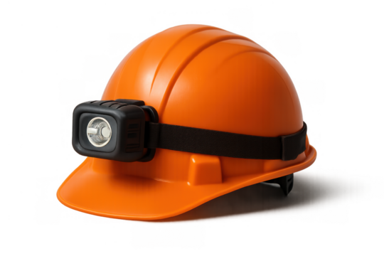 Orange safety hard hat with headlamp, providing essential protection for industrial workers, miners, and construction crews
