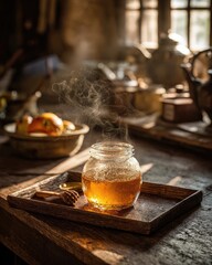 Golden Honey Jar In Rustic Kitchen Setting