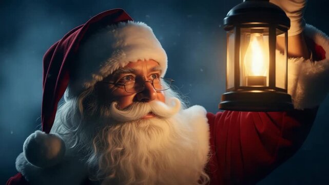 Santa claus holds a lantern in a snowy night - Powered by Adobe
