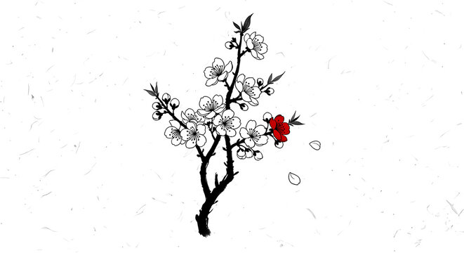 Minimalist Ink Wash Style, a single, blossoming sakura branch, featuring delicate falling sakura petals, in a monochromatic black and white scheme with red accent 