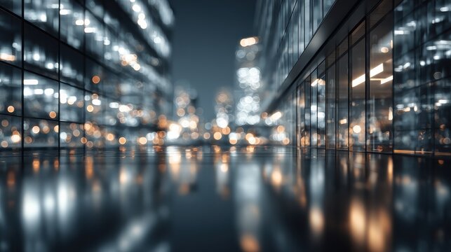 abstract corporate scene visualizing business transformation in a modern urban environment with blurred lights and reflections at night