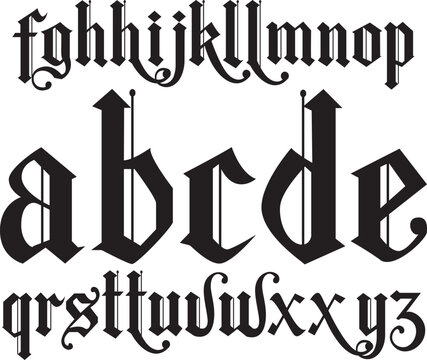 Decorative gothic blackletter lowercase alphabet a&ndash;z with bold calligraphic style. Perfect for typography, branding, tattoo designs, posters, and graphic artwork.