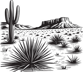 Monochrome desert landscape with saguaro cactus and mesas illustration © MR JOKER