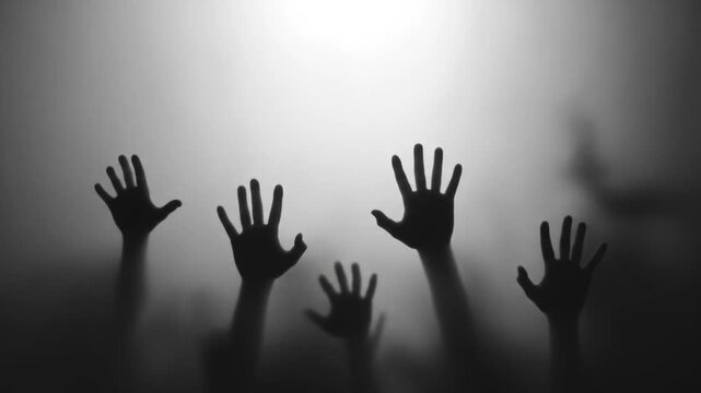 Silhouetted hands reaching against opaque surface abstract concept