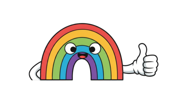 Cute Cartoon Rainbow Character Giving Thumbs Up Gesture.