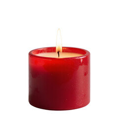 Romantic red burning candle isolated on white background with a bright, glowing flame