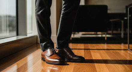 Businessman standing by window wearing leather shoes