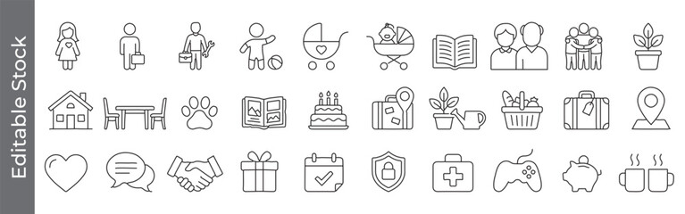 Home, lifestyle and daily life line icon set – editable outline symbols of house, table, pet, book, gift, shield and coffee