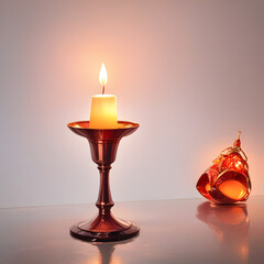 Burning Christmas candle in glass glowing with warm light
