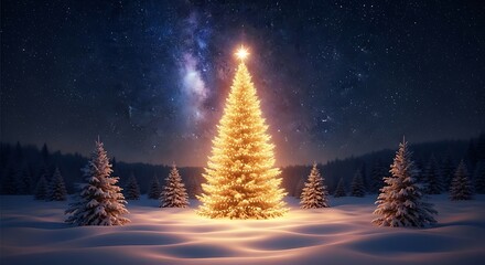 Naklejka premium Magical Christmas Tree Shines Brightly Under a Starry Winter Sky