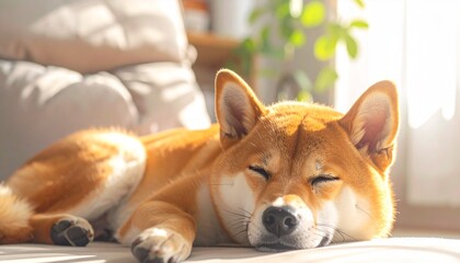 家の中で寝ている柴犬　ペット