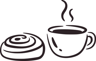 Black and white line drawing of a cinnamon roll and a steaming coffee cup