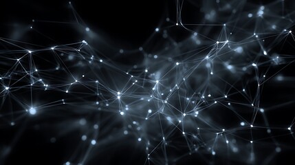 A complex network of interconnected points and lines on a dark background, representing digital connectivity and data exchange.