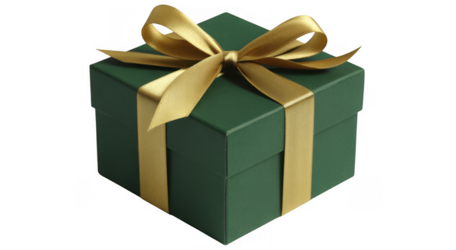 Green gift box with gold ribbon isolated on a transparent background
