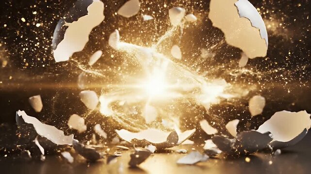 A cracked eggshell with visible fractures on a dark background, symbolizing fragility and vulnerability in a minimalist style