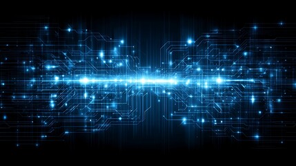 A futuristic circuit board with glowing blue lights and intricate lines, set against a dark background.