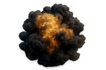 Explosive fireball bursting with dark smoke, portraying power, danger, and destruction, isolated on transparent background