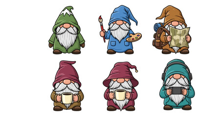 Collection of six cute cartoon gnomes engaged in various hobbies and activities like art, travel, gaming, and drinking coffee.