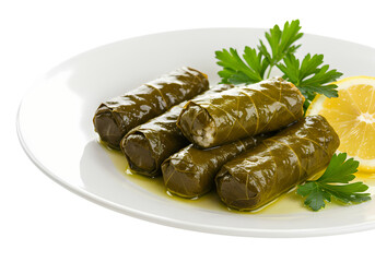 Savory stuffed grape leaves with lemon and parsley garnish