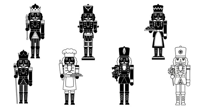 A collection of seven nutcracker toy soldiers in various costumes, depicted in a black and white graphic style.