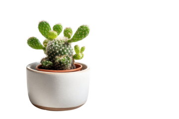 Small green prickly pear cactus plant in a white ceramic pot on black background image