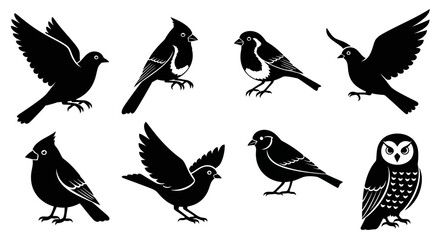 Obraz premium Silhouette collection of various birds, including a cardinal, sparrow, and owl, in different poses.