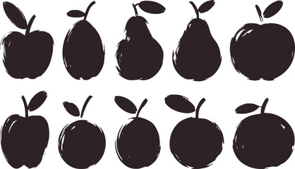 Set of ten black fruit silhouettes with leaves apple