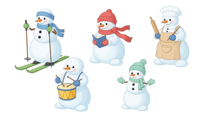 Five cheerful cartoon snowmen engaged in various winter activities and hobbies on a white background.