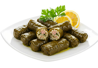 Delicious stuffed grape leaves with lemon and parsley garnish