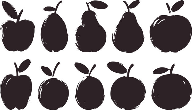 Set of ten black fruit silhouettes with leaves apple