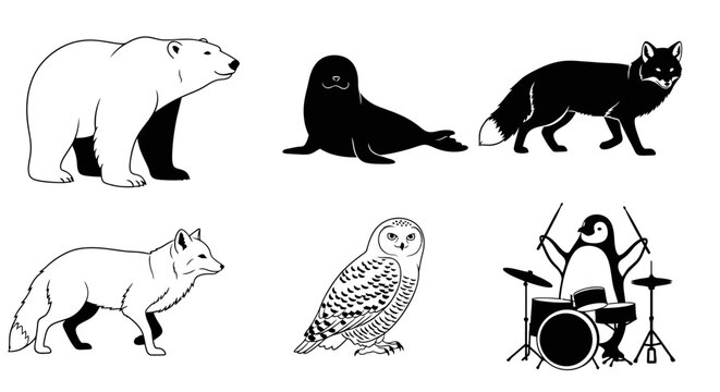 A collection of six black and white arctic animal illustrations including a polar bear, seal, fox, owl, and a humorous penguin playing drums.