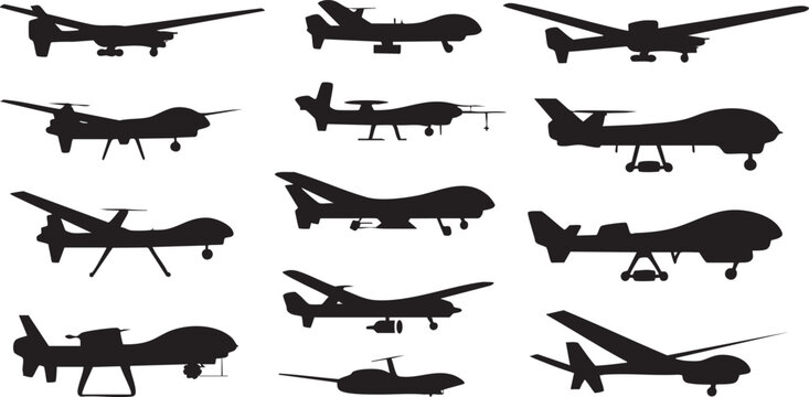 Silhouette of various unmanned aerial vehicles drones UAV on white background